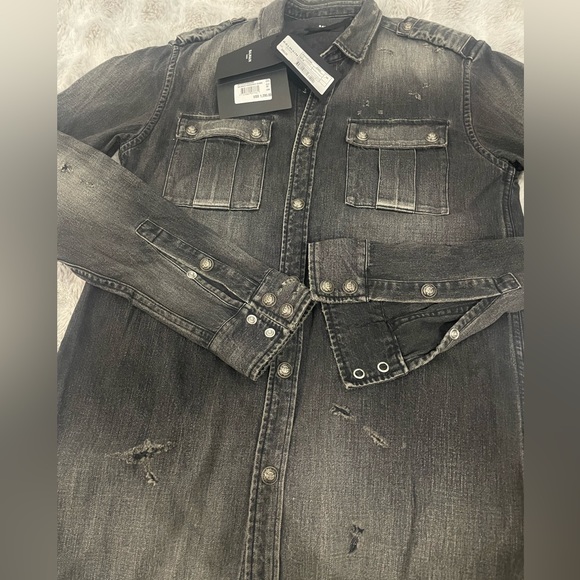 Balmain Grey Denim Embossed Logo Shirt Sz 38/M - Picture 7 of 11